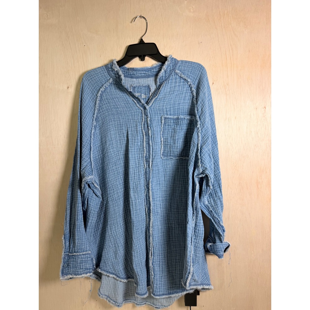 Aerie Button Down Women‎ M Blue Excellent Gauze Raw Hem Oversized Boho Shirt